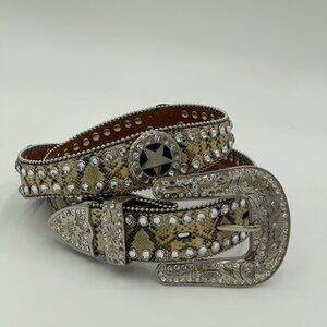 Blazin Roxx Leather Snake print Belt Silver Rhinestone Cowgirl Star Western Med